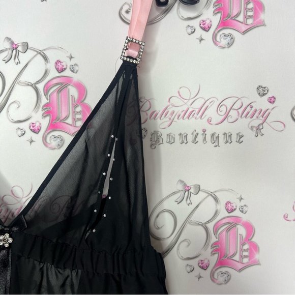 Ann summers babydoll dress nighty open cup bling black pink rhinestone buckle - Picture 6 of 13